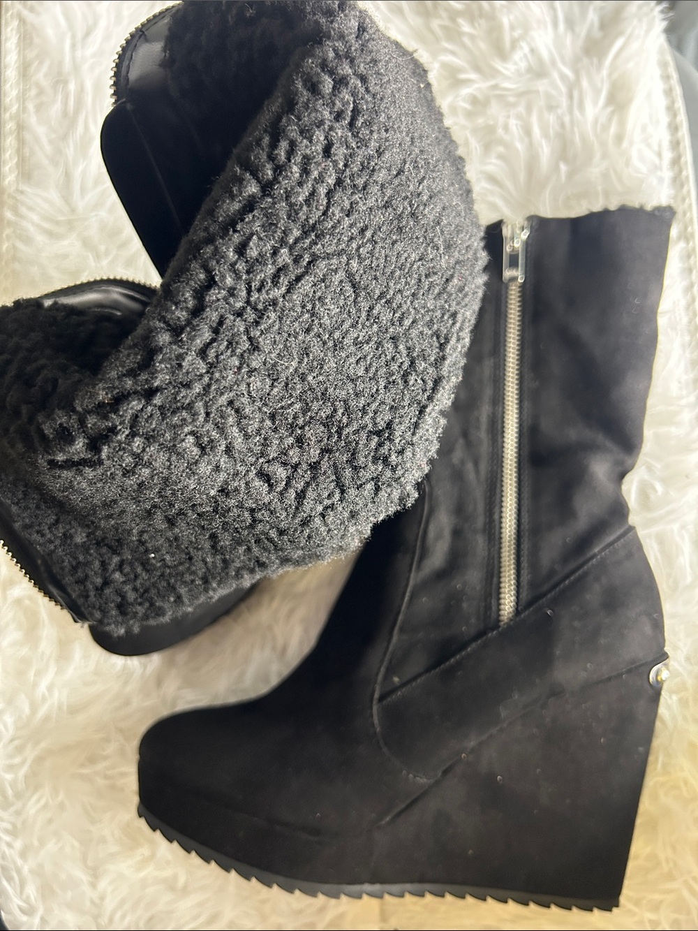 Juicy Couture Black Wedge Boot with Faux Shearling Cuff 05-05-11